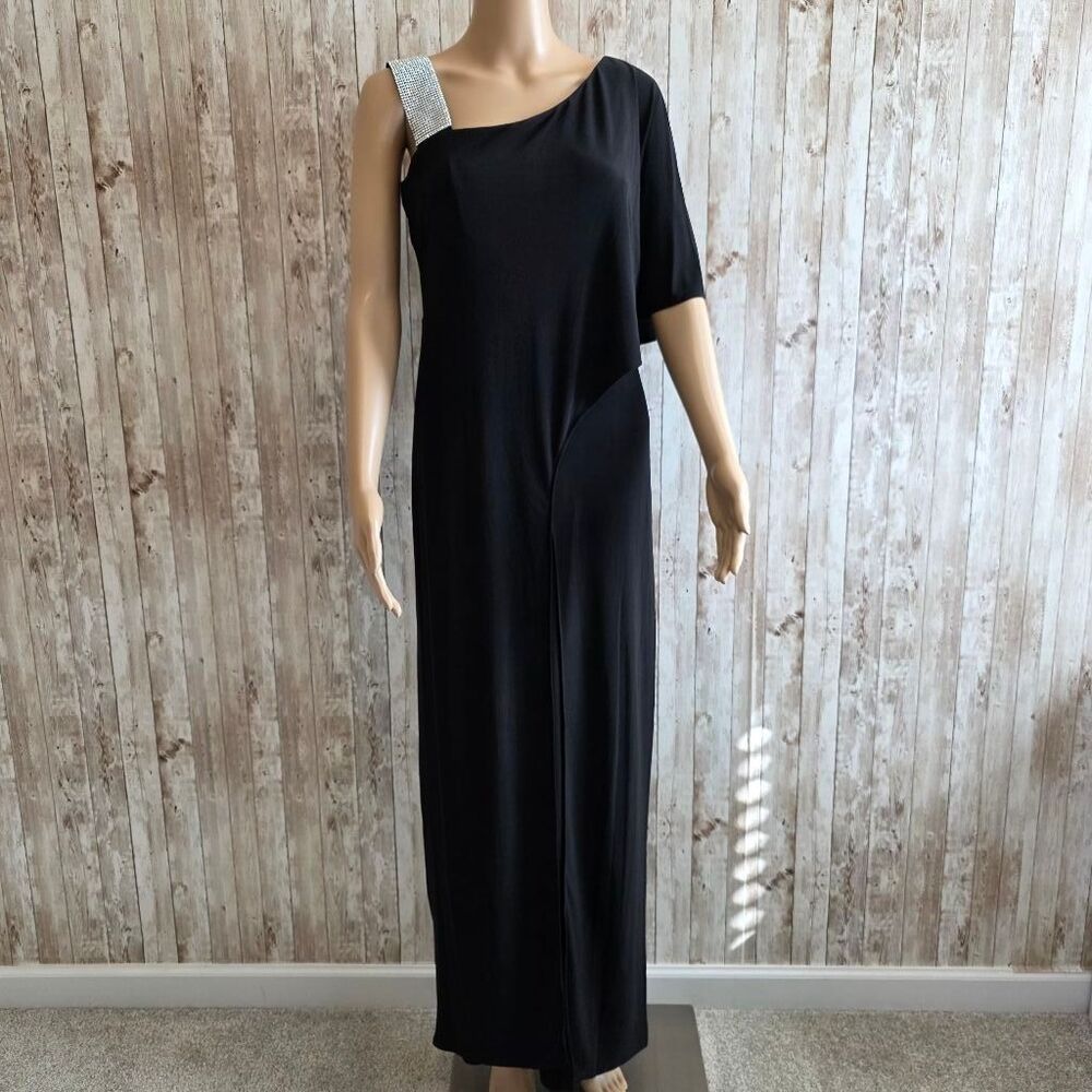 R&M Richards Women's Jumpsuit16 Black Beaded One-Shoulder Wide Leg Pant NWOT